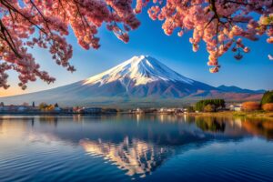 Beautiful view of Mount Fuji in the foreground, clear sky, and a tranquil lake in Japan.